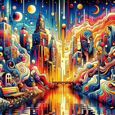 The primary subject of the image is a large, colorful painting of a cityscape. The setting is a city with tall buildings, and the visual style is a vibrant, artistic representation of the urban environment. The colors and mood of the painting are lively and energetic, with a strong focus on the city's architecture and atmosphere.
